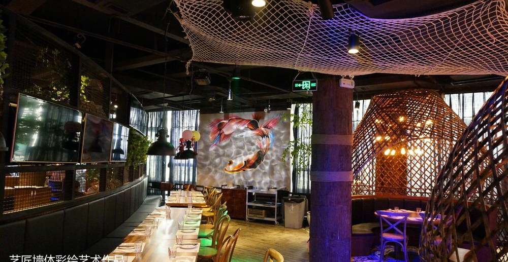 餐饮店烤鱼火锅墙体彩绘案例