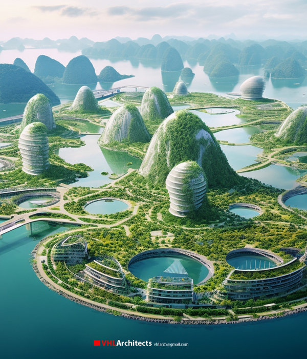 Smart City futuristic 2100 off the of Ha Long Bay